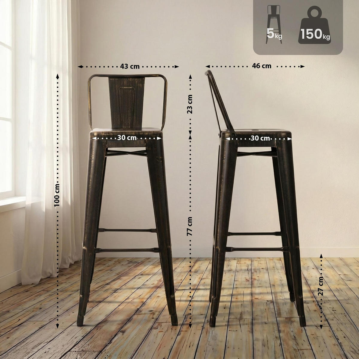 BARHOCKER Mason 2er Set 96x44x43 cm schwarz-gold - Schwarz, Metall (44/96/43cm) - furnicato