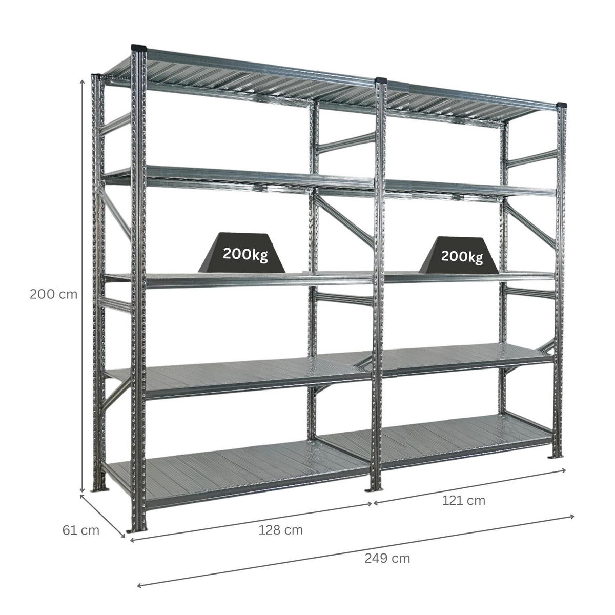 FACHBODENREGAL Proximo 200x240x60cm 5 Ebenen Fachlast 200 kg Beidseitig nutzbar Verzinkt - Silberfarben, Metall (240/200/60cm) - PROREGAL