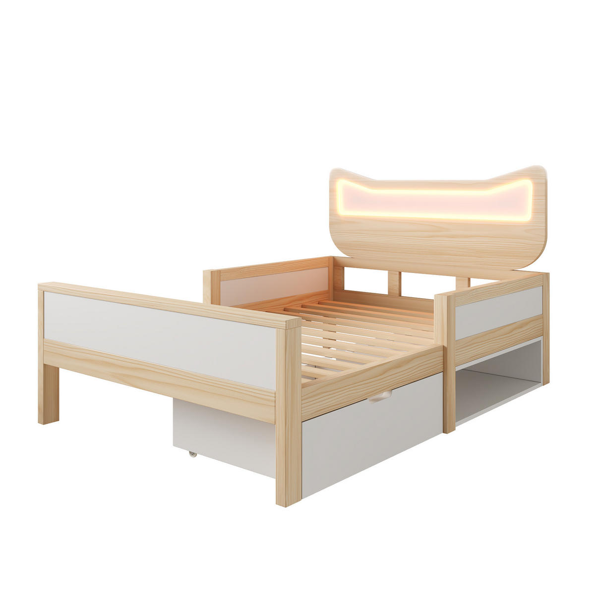 KINDERBETT 90/190 cm mit RGB-LED, Schutzgitter, Schublade und Staufach, Weiß/Eiche - Weiß, Holzwerkstoff (90/190cm) - Redom