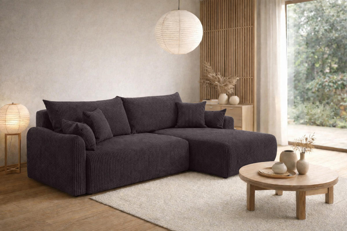 ECKSOFA Mit Schlaffunktion, Cordstoff Poso, Dunkelgrau, Rechts, JAPANDI - Dunkelgrau, Holz (262/145cm) - Kaiser Möbel