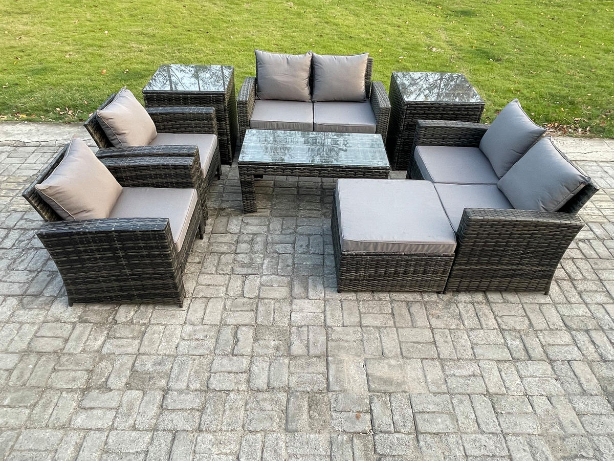 GARTENMÖBEL Set Polyrattan Dunkelgrau 7-Sitzer - Dunkelgrau, Metall - Fimous