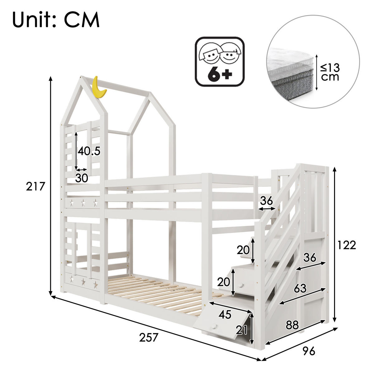 HAUSBETT 90/200 cm in Weiß mit Treppe, Schubladen und Hausrahmen - Weiß, Holzwerkstoff (90/200cm) - BEAOK