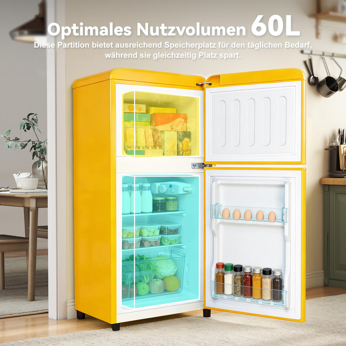 KÜHL-GEFRIER-KOMBINATION 60 l, 22 l Gefriervolumen, Energieeffizienzklasse C, Gelb - Gelb, Metall (45/89/41cm) - FOHERE