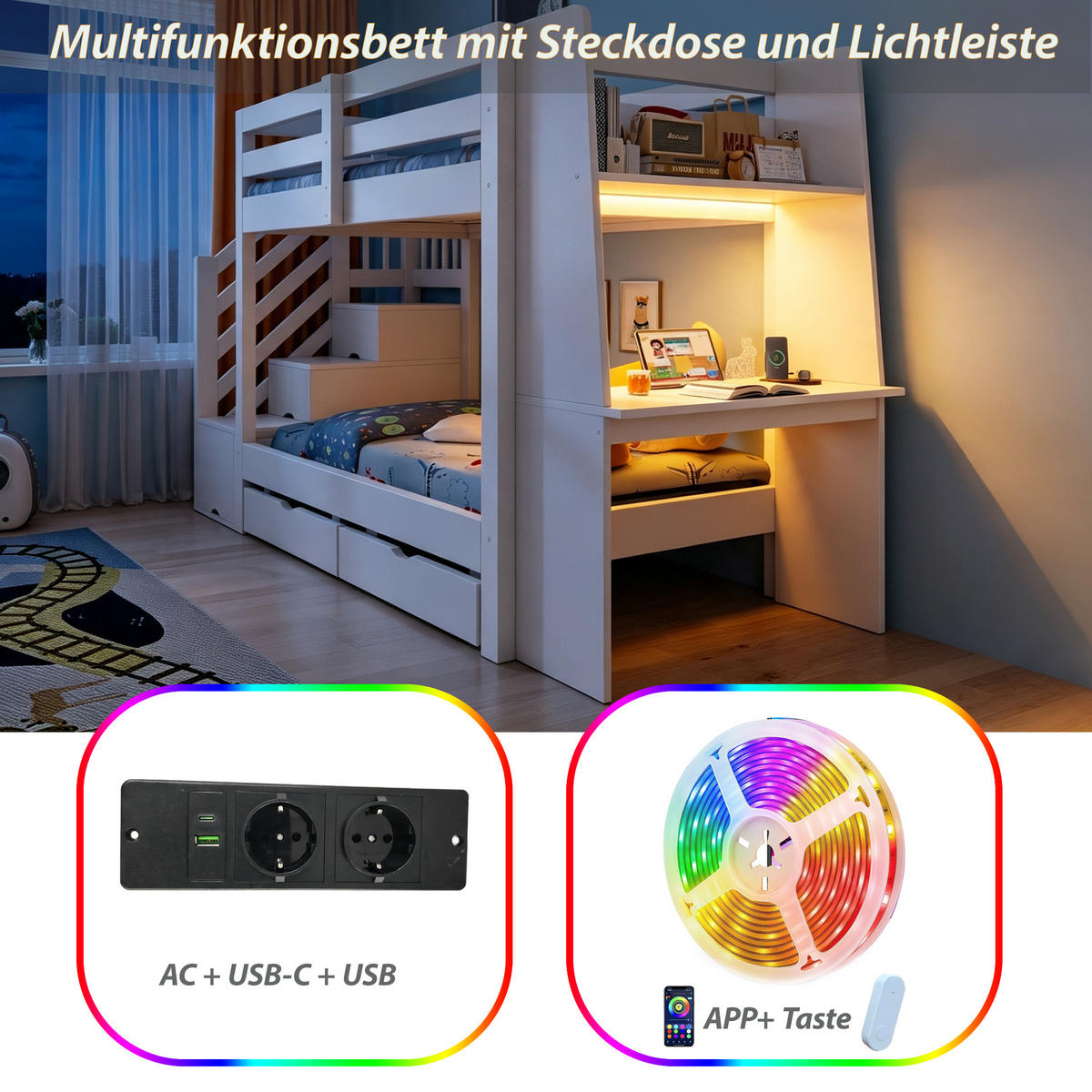 ETAGENBETT 90 x 200 cm mit Schreibtisch, LED und Schubladen, Weiß - Weiß, Holz (90/200cm) - FLIEKS