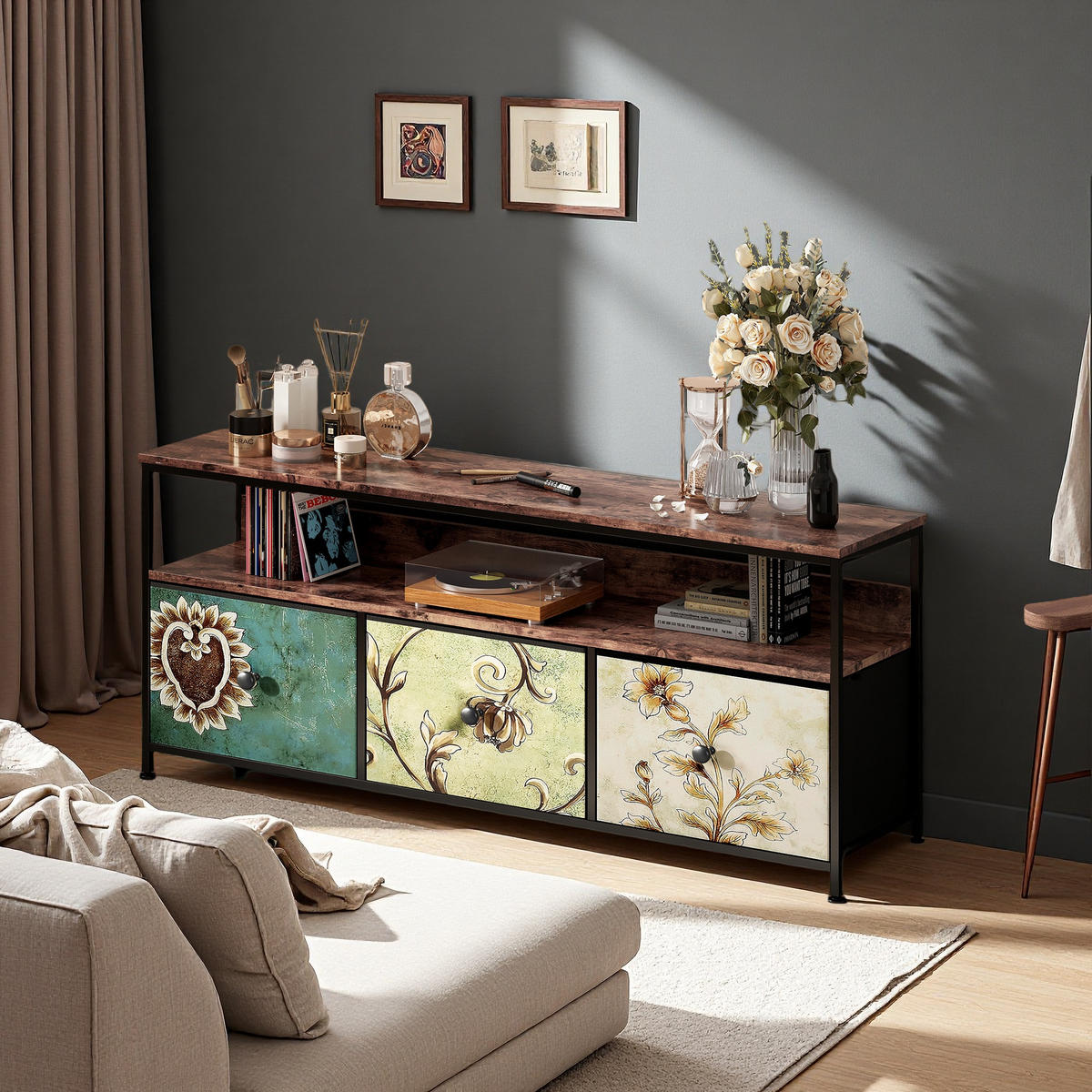 HÖG LED-TV-bänk, 137 cm, färgglada tyglådor, modern - Multicolor, Träbaserade material (29.8/57/137cm) - SHOPENTRA