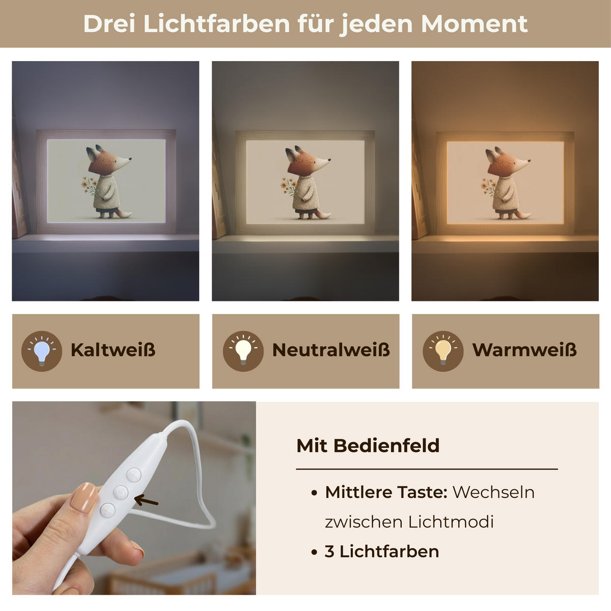 NACHTTISCHLAMPE Fuchs - Gelbe Blumen - Minimalistisch 20x15 cm - Taupe, Holzwerkstoff (8/20/15cm)