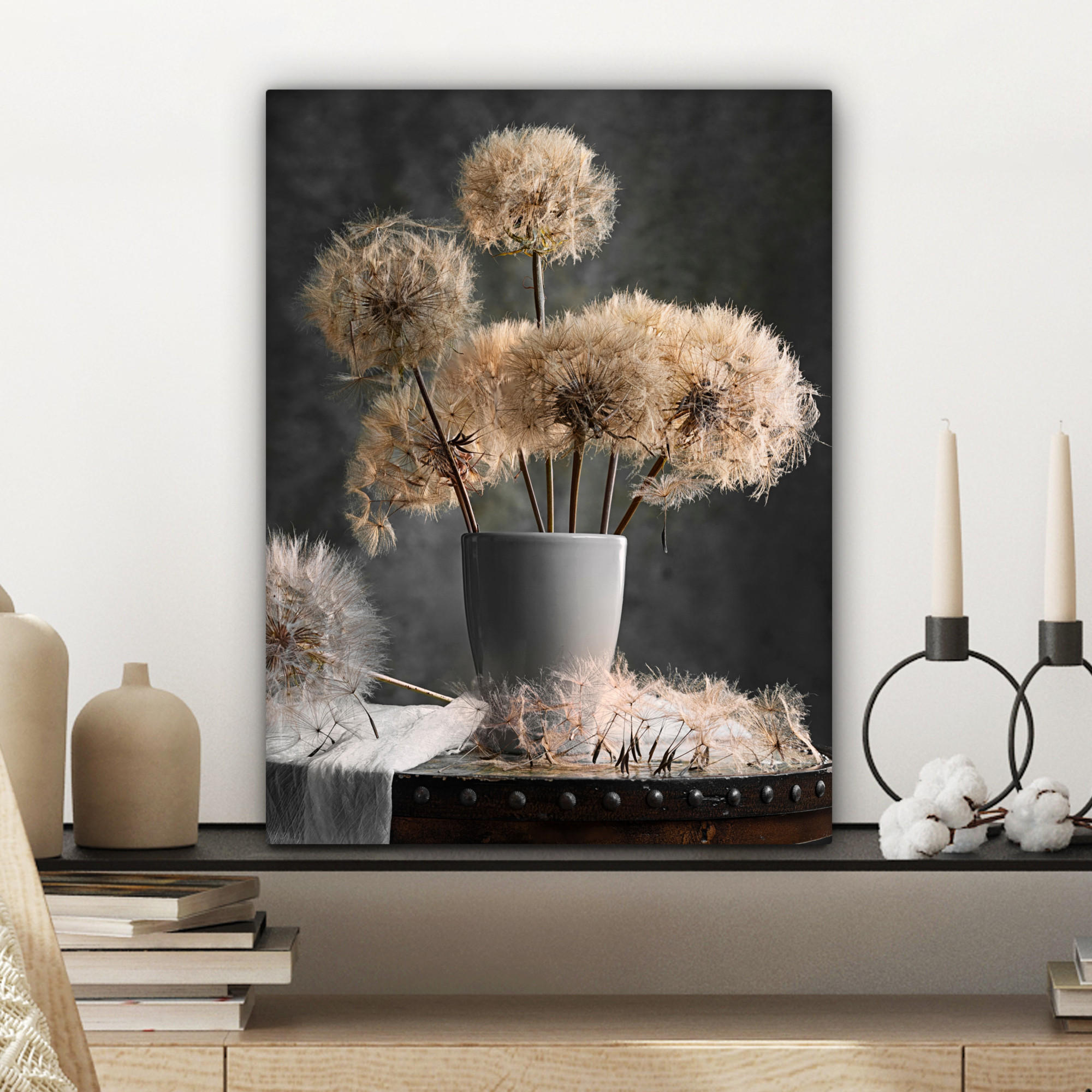 LEINWANDBILD Blumensamen - Löwenzahn - Vase - Stilleben - Blumenstrauß 30x40 cm - Dunkelgrau, Textil (30/40cm) - MuchoWow