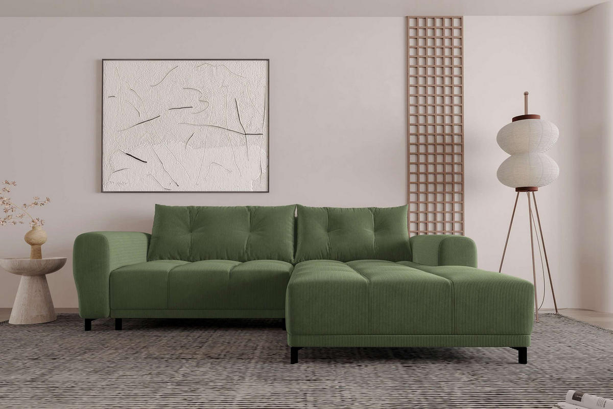 ECKSOFA Massimo Cordstoff Olivgrün inkl. Schlaffunktion Rechts - Schwarz/Olivgrün, Textil/Metall (246/177cm) - 99rooms