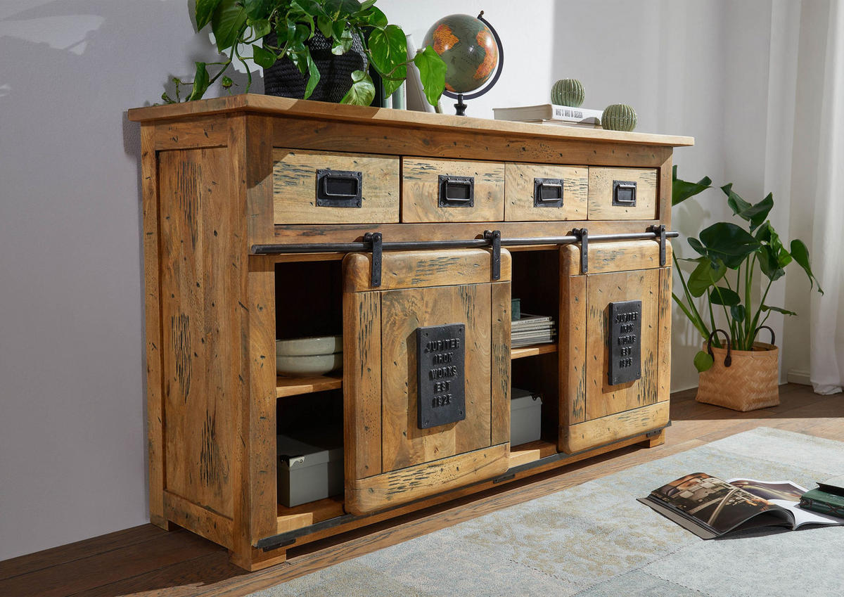 SIDEBOARD Mango 150x45x90 natur lackiert RAILWAY #120 - Naturfarben, Holz (150/90/45cm) - Massivmoebel24
