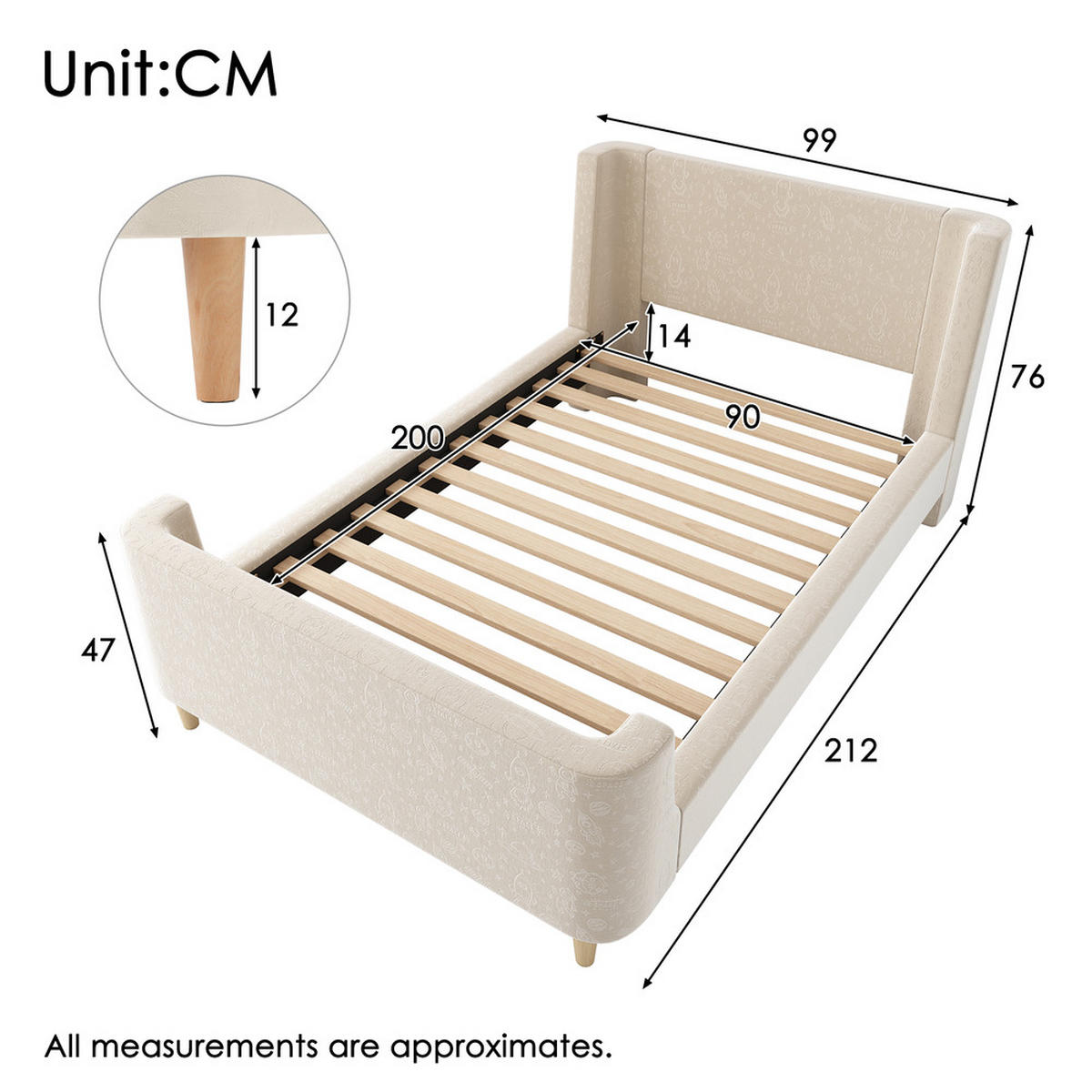 KINDERBETT 90x200cm Schlittenbett Kosmisches Muster Samt Beige - Beige, Holz - FLIEKS