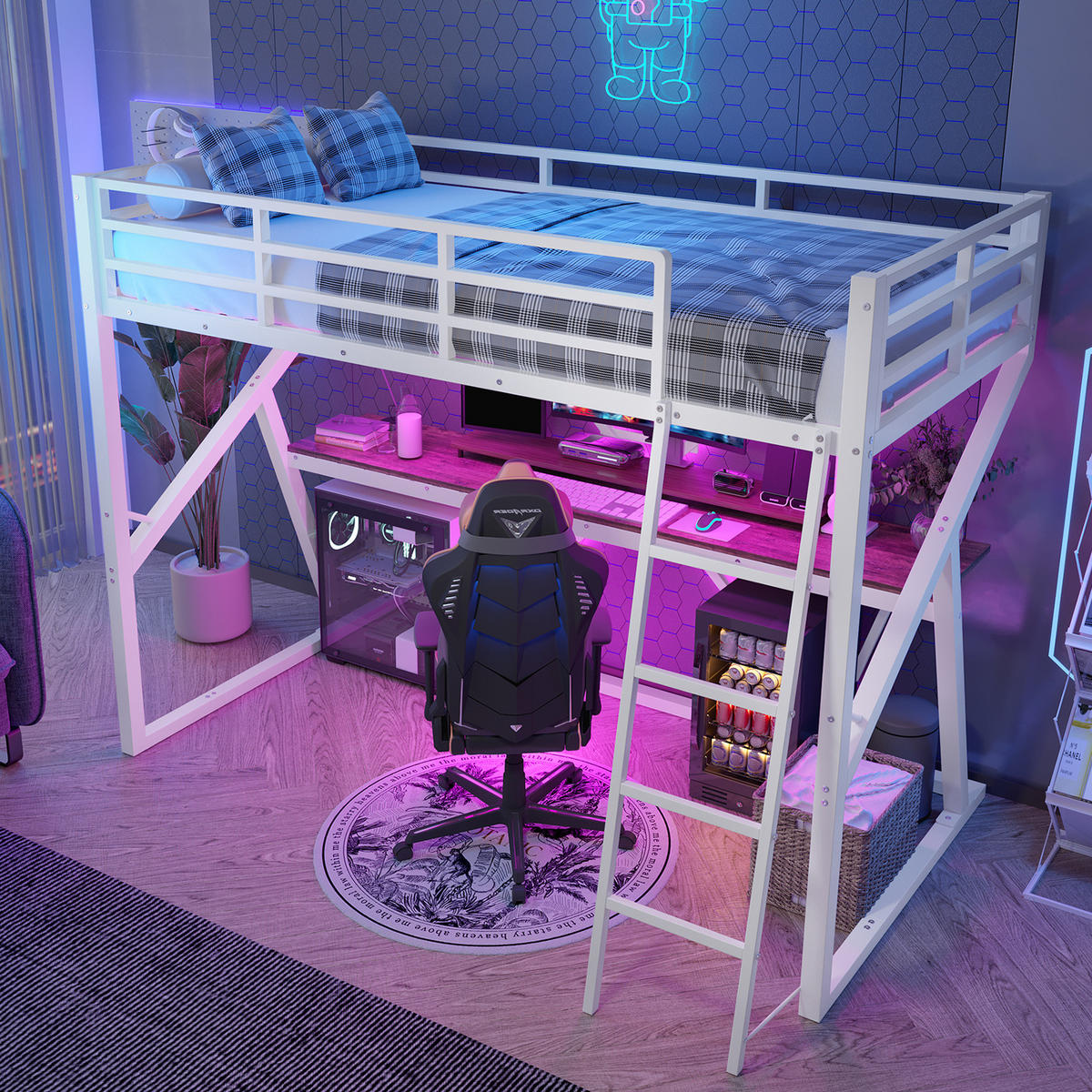 HOCHBETT 90/200 cm in Weiß mit Schreibtisch, Treppe und LED-Beleuchtung - Weiß, Metall (90/200cm) - Flora Grace