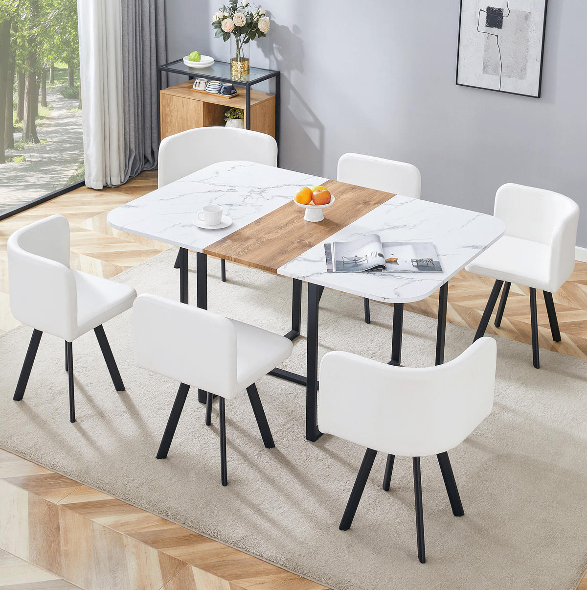 ESSTISCH-SET ausziehbar für 4-6 Personen Naturholz Weiß Schwarz - Multicolor, Metall (100/79/150cm) - Meubliv