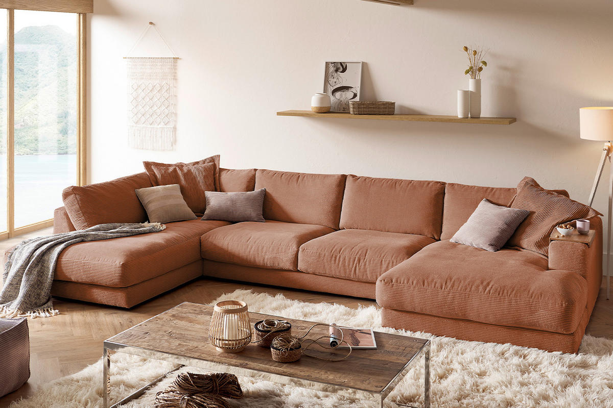 WOHNLANDSCHAFT MADELINE Braun Cord - Rotbraun/Schwarz, Kunststoff/Textil (425/86/224cm) - KAWOLA