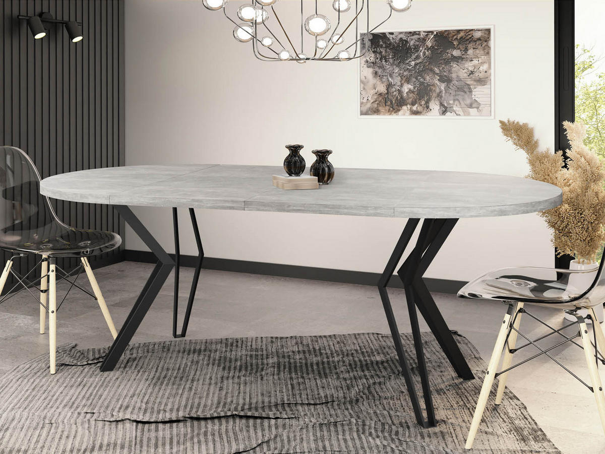 ESSTISCH Revena runder ausziehbarer, Grauer Beton 100-180/100/76 cm - Hellgrau/Schwarz, Holzwerkstoff/Metall (100/100/76cm) - WFL GROUP