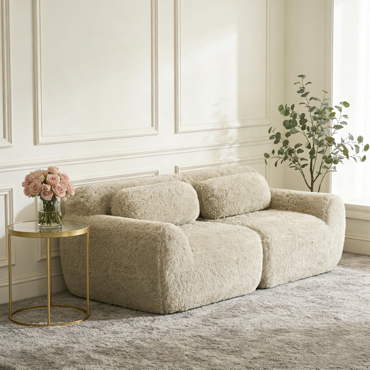 SOFA Modulares 2-Sitzer, keine Montage erforderlich, Webpelz-Bezug, Beige - Beige, Textil (204/104/73cm) - Meubles Cosy