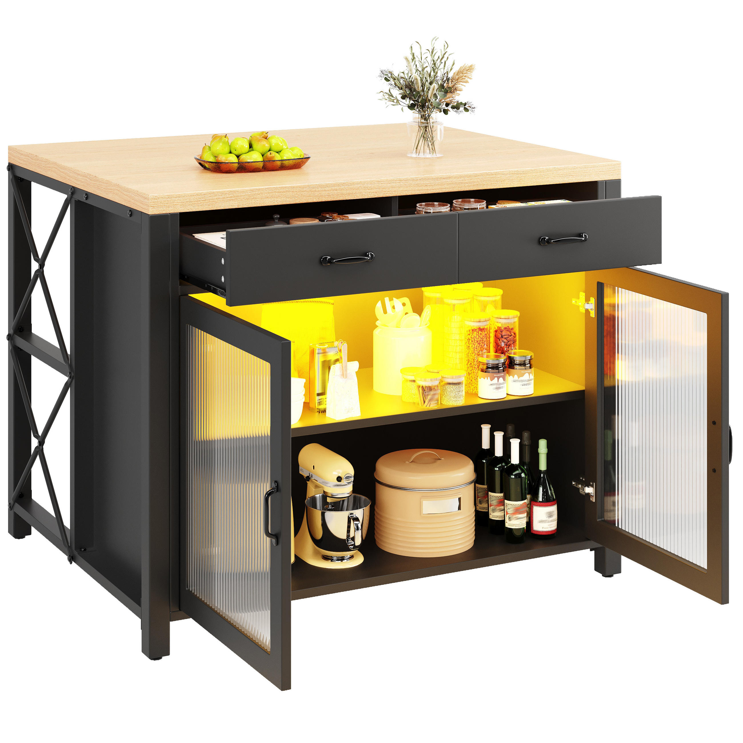 KÜCHENINSEL 100/80/90 cm Schwarz mit 2 Schubladen, LED-Lichtleiste und verstellbare Füße - Schwarz, Holz/Holzwerkstoff (110/91/40cm) - Oxeza