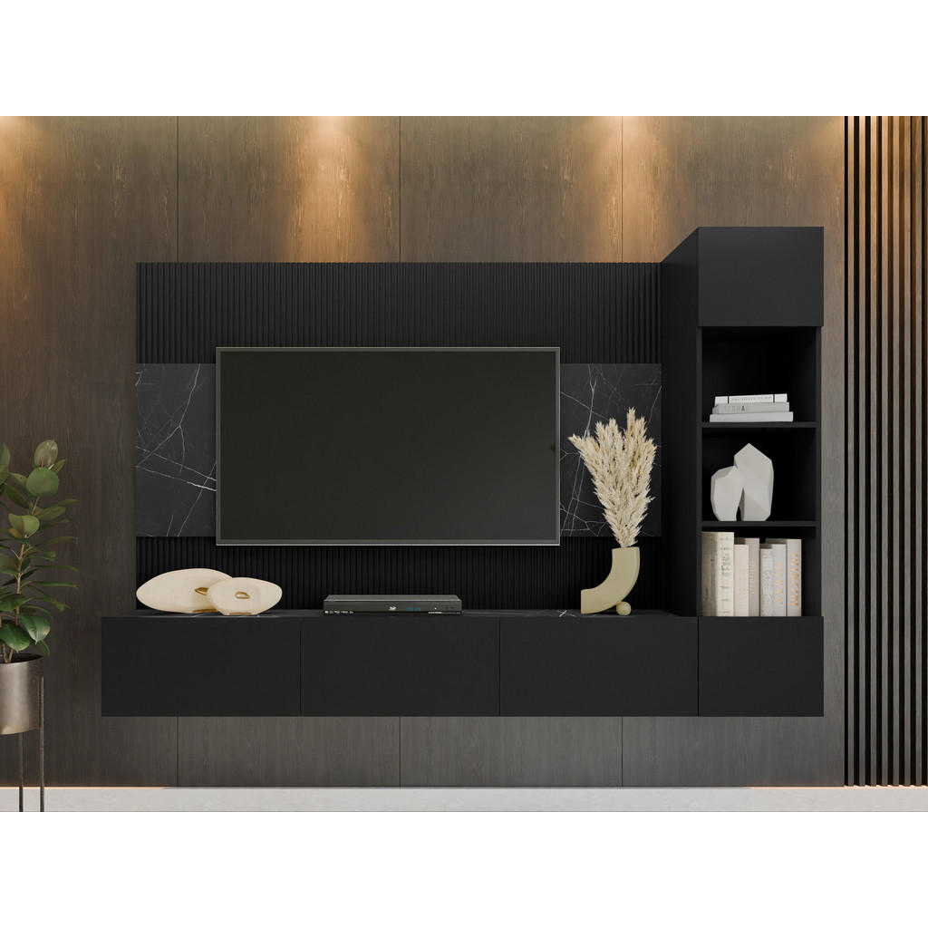 Thumbnail - Mirjan24 Wohnwand, Schwarz, Holzwerkstoff, Marmor Optik, 220x150x38 cm, Wohnzimmer, Wohnwände, Anbauwände