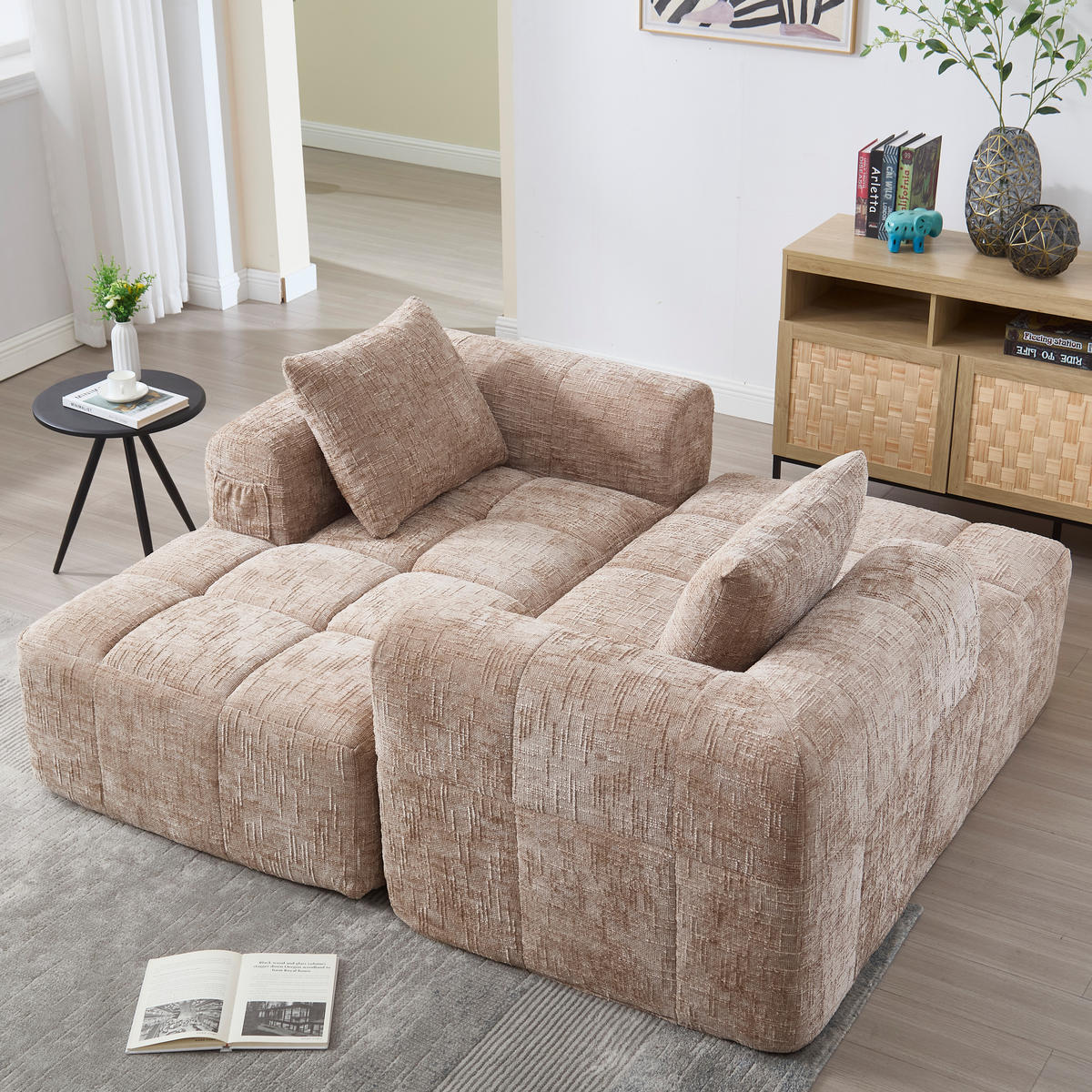 ECKSOFA Chenille Khaki mit Kissen und Seitentaschen - Hellbraun, Textil (250/158cm) - WISHDOR