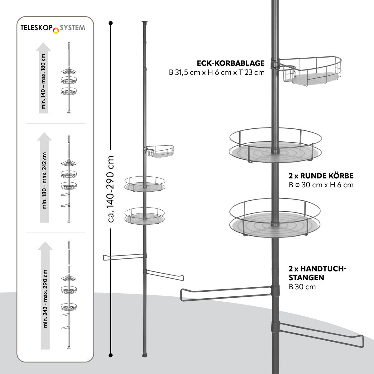 TELESKOP-KÜCHENREGAL, ausziehbar bis max. 290 cm, Metall, grau - Grau, Metall (31.5/290/31.5cm) - bremermann