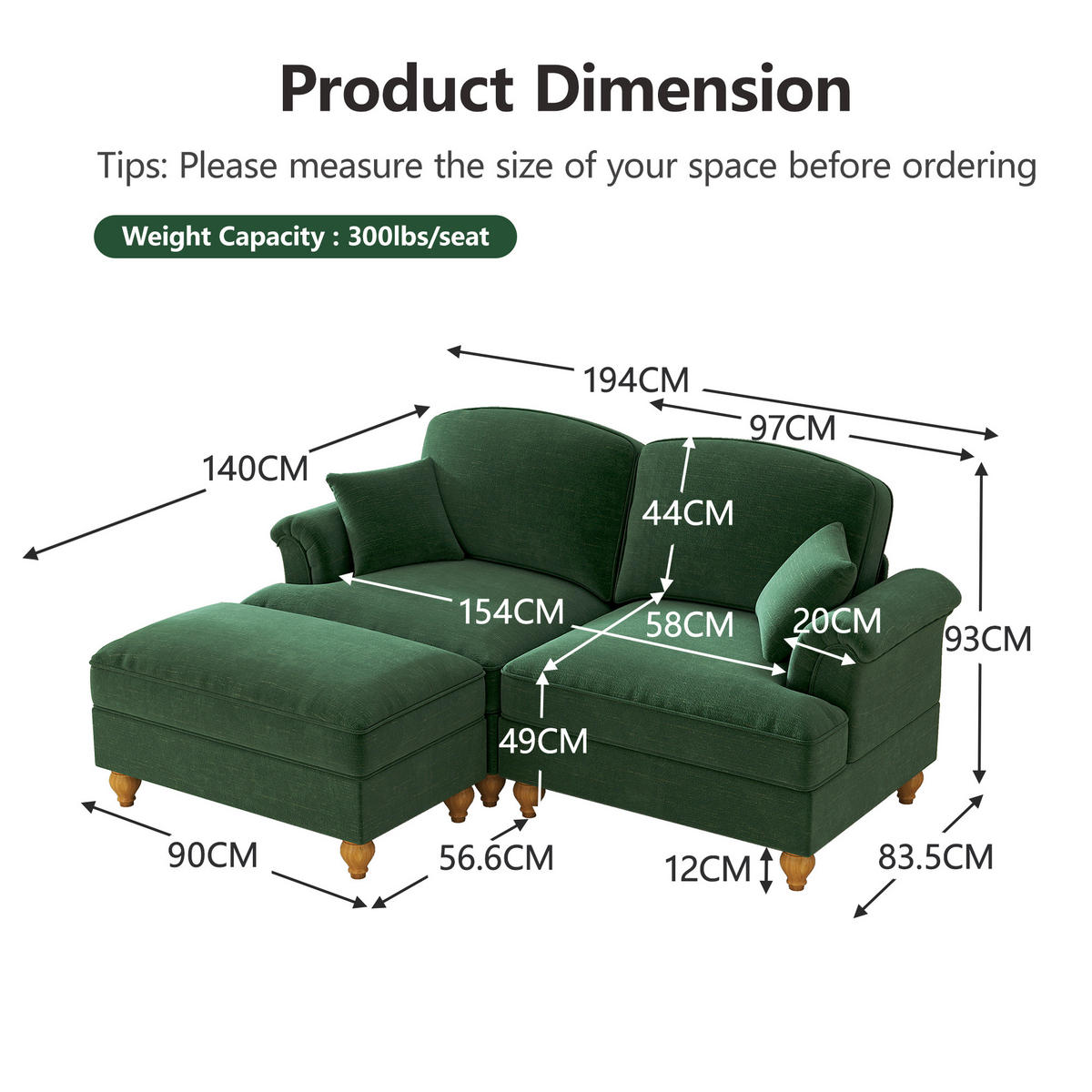 MODULARES Ecksofa Chenille mit Hocker und abnehmbarer Rüschen-Schürze 194/140/93 cm Grün - Grün, Textil (140/194cm) - Redom