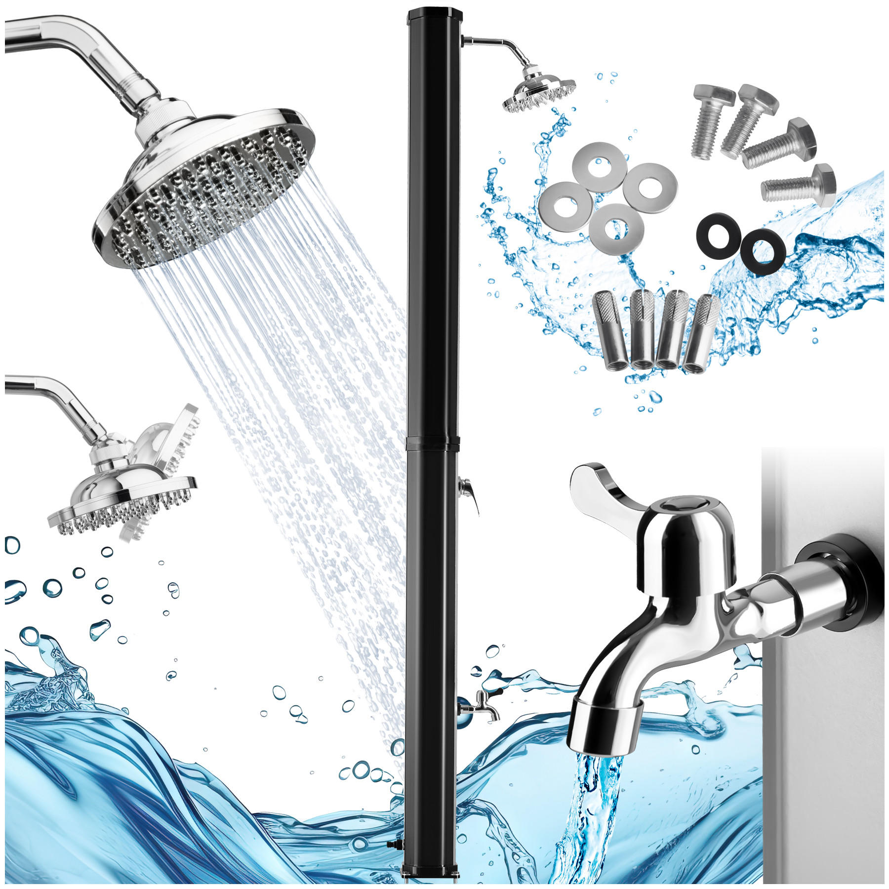 SOLARDUSCHE Ofanto,inklusive Wasserhahn,schwarz/silber - Silberfarben/Schwarz, Kunststoff (18/217/44.5cm) - tectake