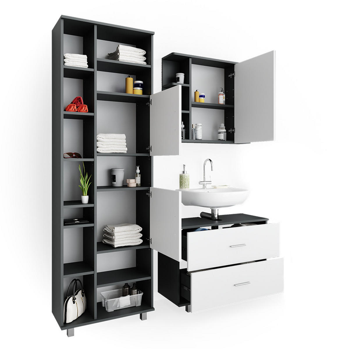 BADMÖBEL-SET Ilias Weiß/Anthrazit 3 Teile, mit Hochschrank - Anthrazit/Weiß, Holzwerkstoff (80.2/60.8/33cm) - Vicco