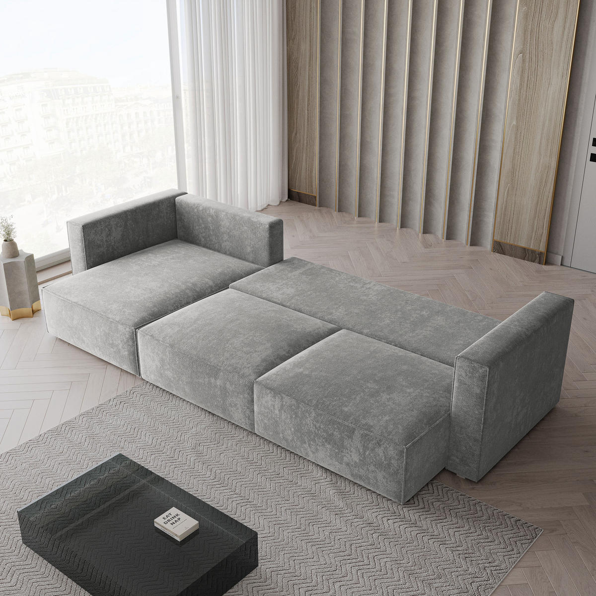 ECKSOFA TOLMO LM Hellgrau Chenille mit Schlaffunktion - Hellgrau, Holzwerkstoff/Textil (347/148cm) - MASSENO