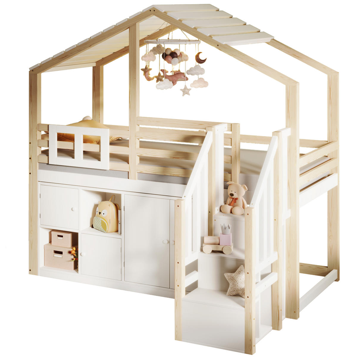 HOCHBETT 90/200 cm Hausform mit Stauraumleiter in Weiß + Natur - Weiß, Holz (90/200cm) - OKWISH