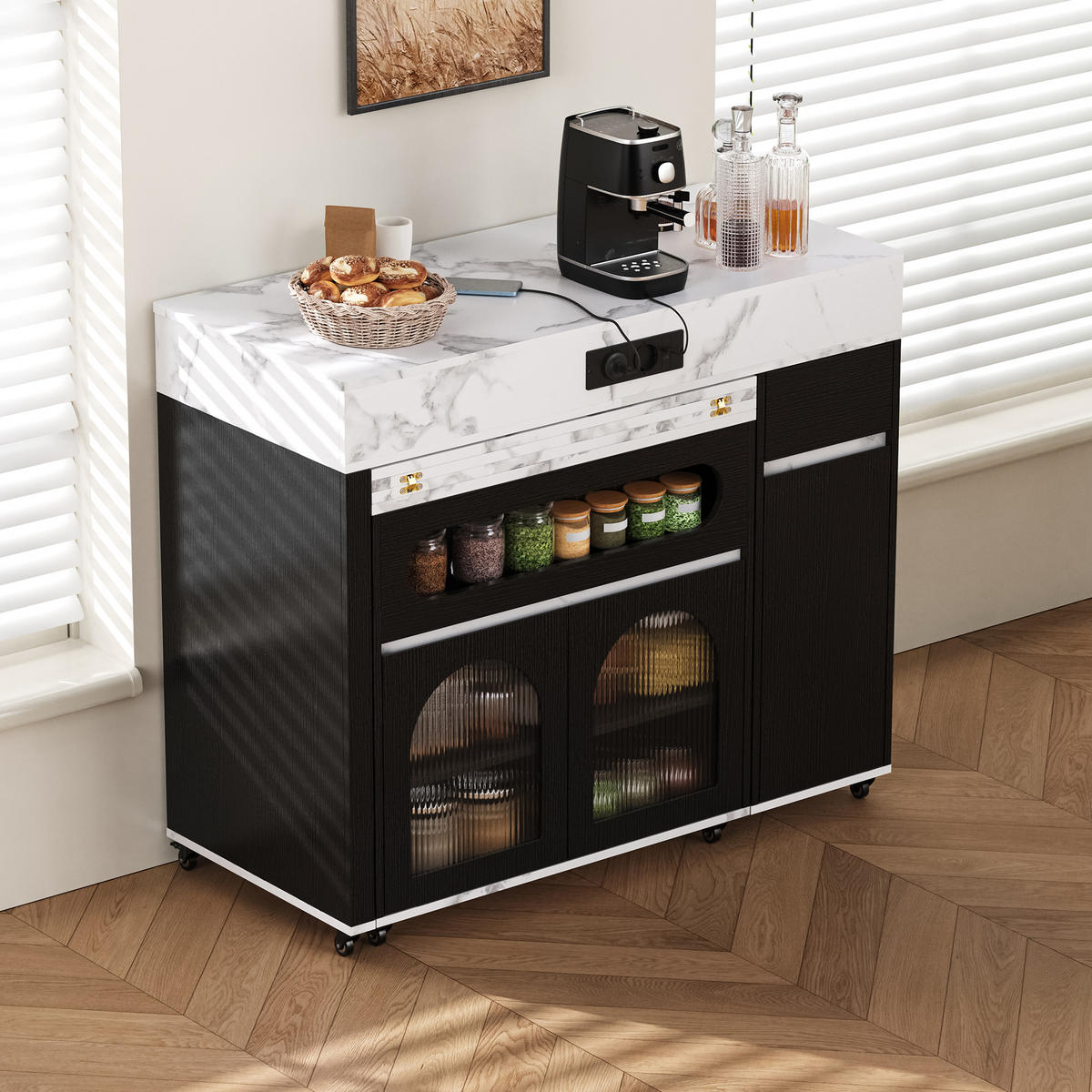 KÜCHENINSEL aus MDF 50.5-187.5x110.5x95.5 cm Schwarz mit Ausziehtisch & Steckdosen - Schwarz, Holzwerkstoff (187.5/95.5/110.5cm) - Modfu