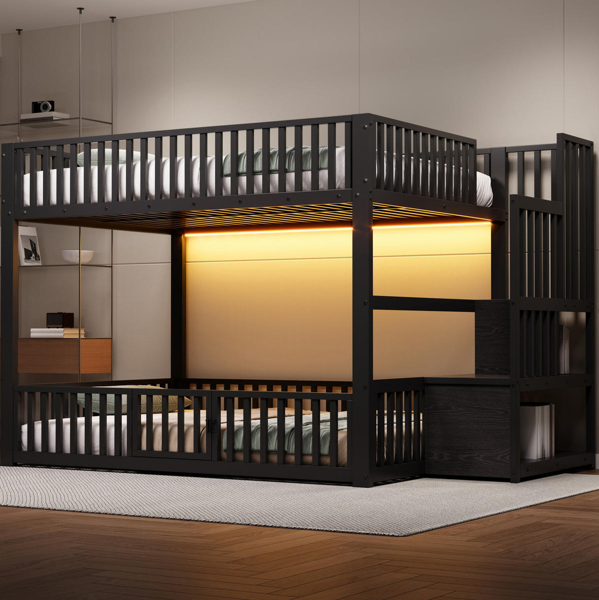 ETAGENBETT 140/200 cm aus Metall und MDF mit LED-Beleuchtung und Stauraumleiter, Schwarz - Schwarz, Holzwerkstoff (140/200cm) - Redom