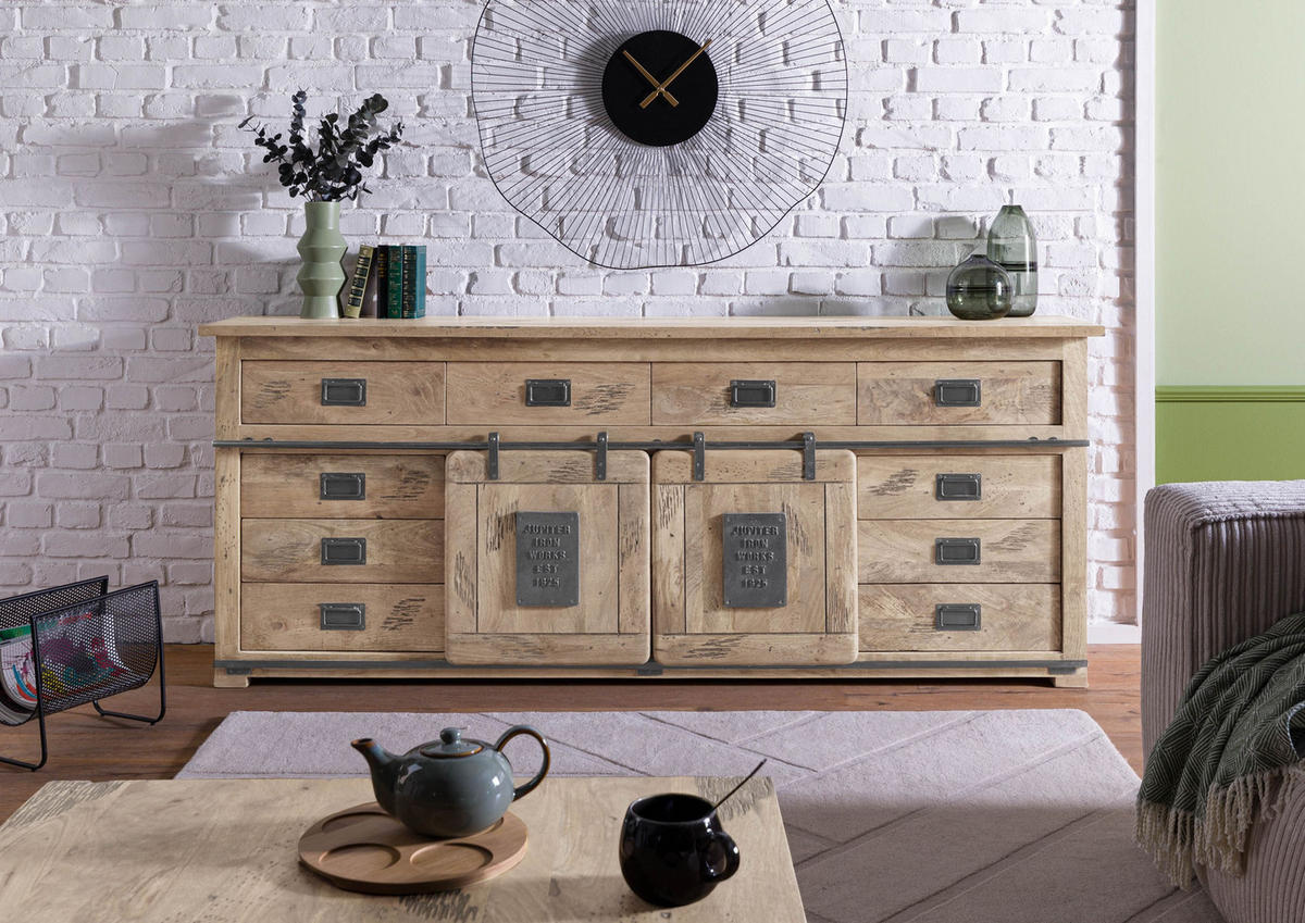 SIDEBOARD Mango 220x45x90 whitewash lackiert RAILWAY #392 - Beige, Holz (220/90/45cm) - Massivmoebel24