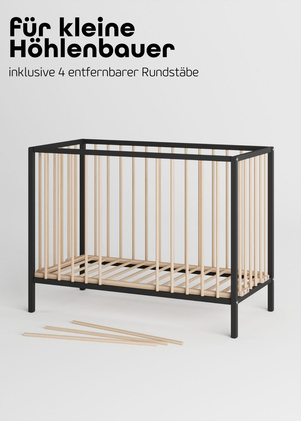 BEISTELLBETT mit Umbauseite - schwarz/natur - Dreamy 4 in 1 Bett - Schwarz/Naturfarben, Holz (120/90/60cm) - Sämann – make a difference.