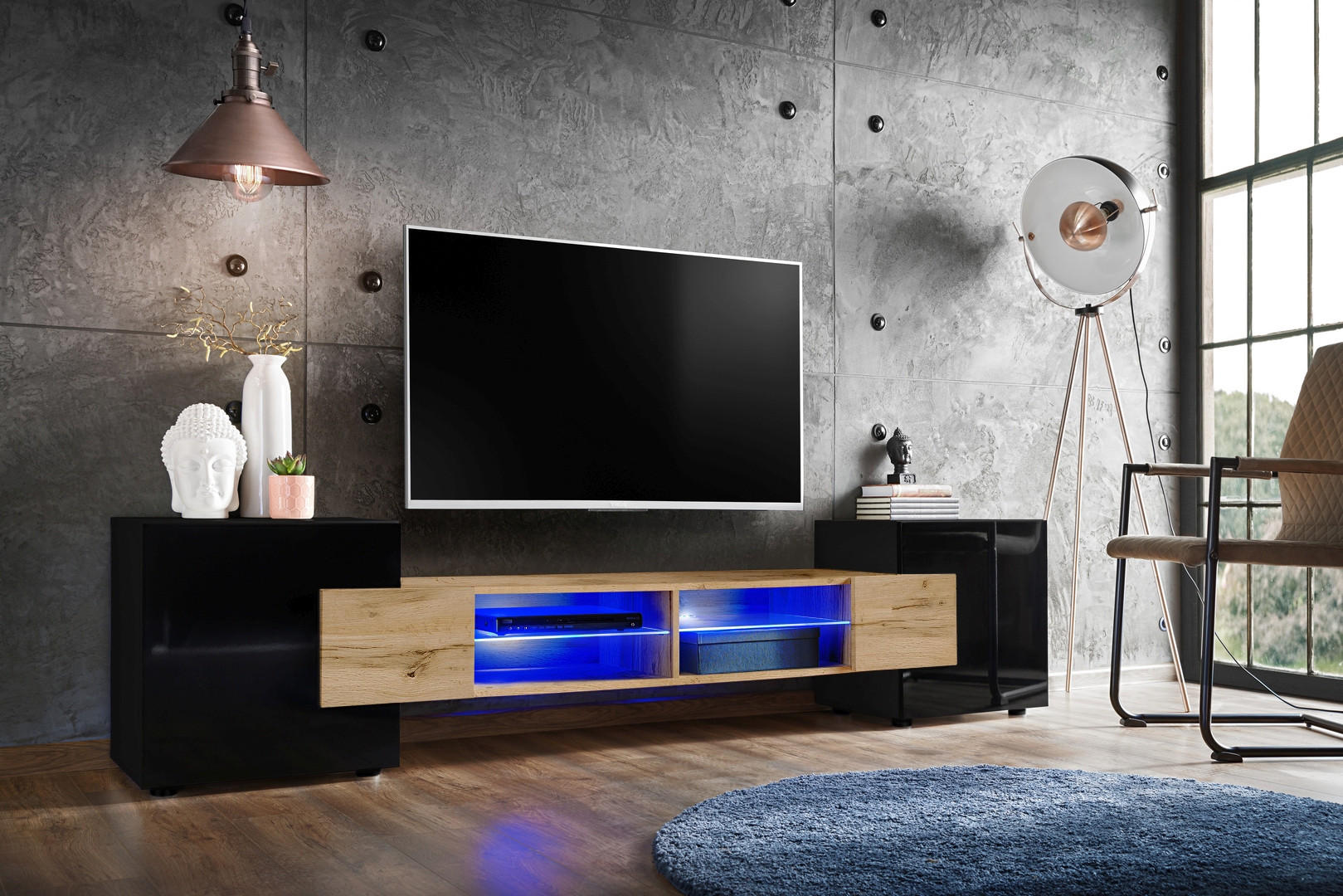 LOWBOARD MERANO Black, Blau LED Beleuchtung - Eiche Wotan/Schwarz, Glas/Holzwerkstoff (230/52.5/35cm) - Komodee