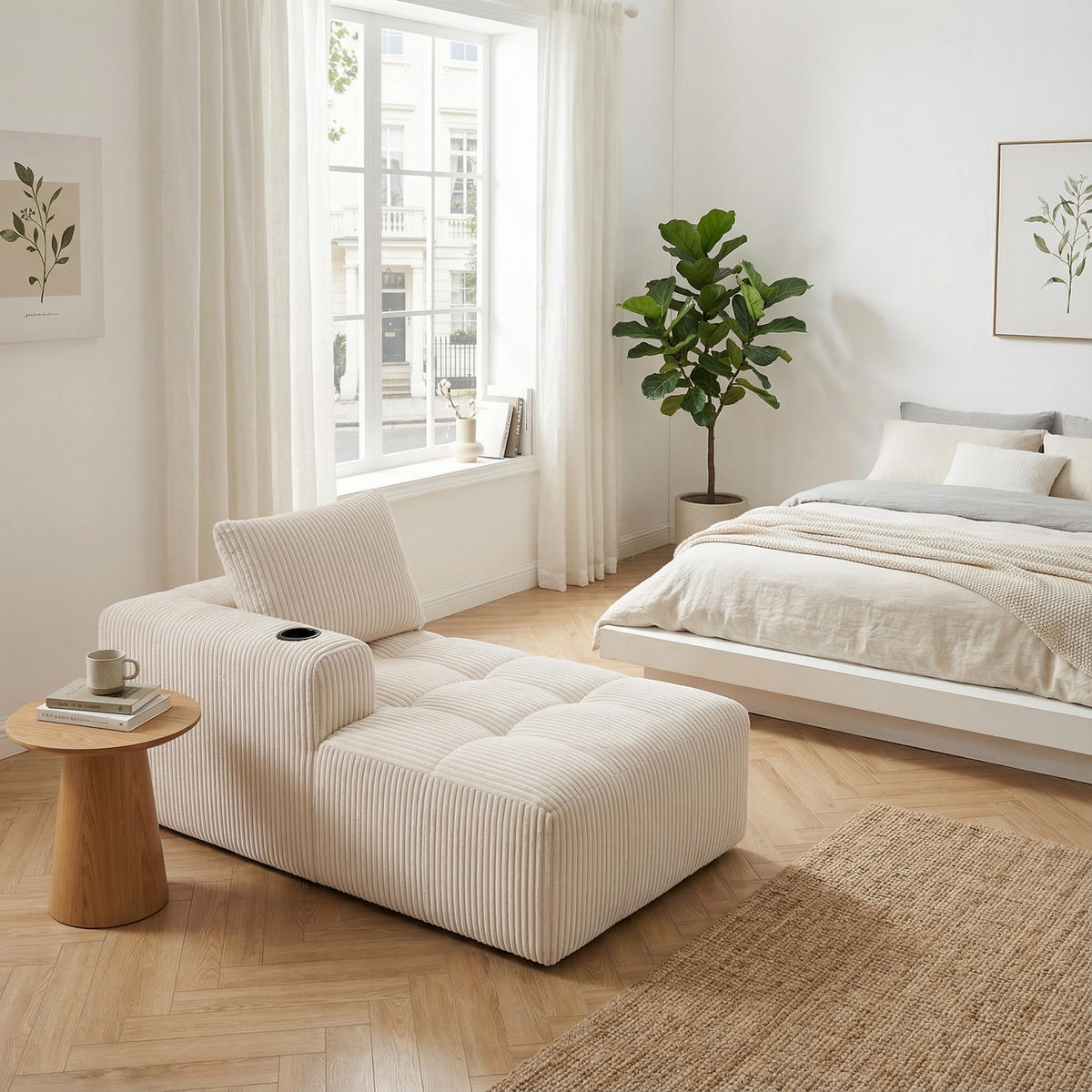 CHAISELONGUE in Cord (158 cm) mit Getränkehalter & Seitentaschen - Beige, Textil (158/61/93cm) - Urban Meuble