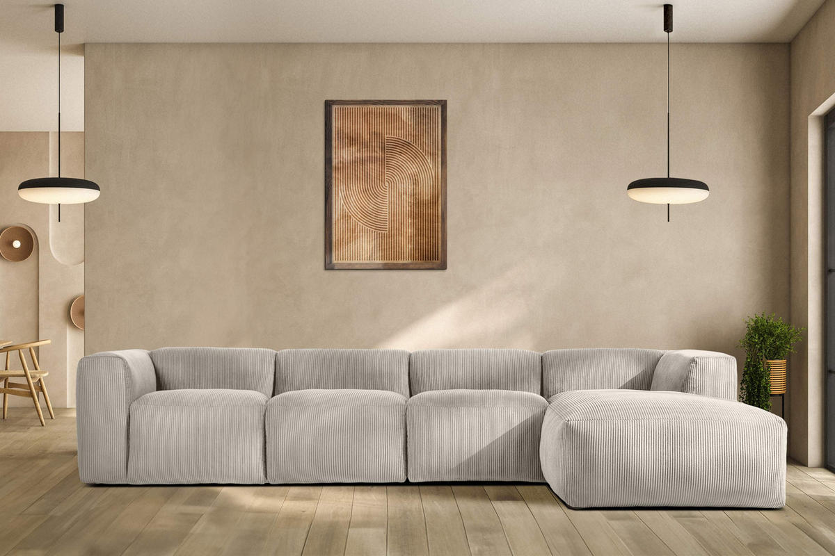 ECKMODULSOFA-LINKS BUFFO 6-Sitzer mit extrem weicher Sitzfläche, Kordstoff, cremefarbig - Creme, Textil (377/180cm) - KONSIMO®
