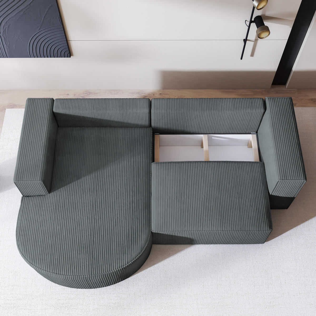 ECKSOFA SORELA P L-S Grau Kordstoff mit Schlaffunktion - Grau, Holz (263/174cm) - MASSENO