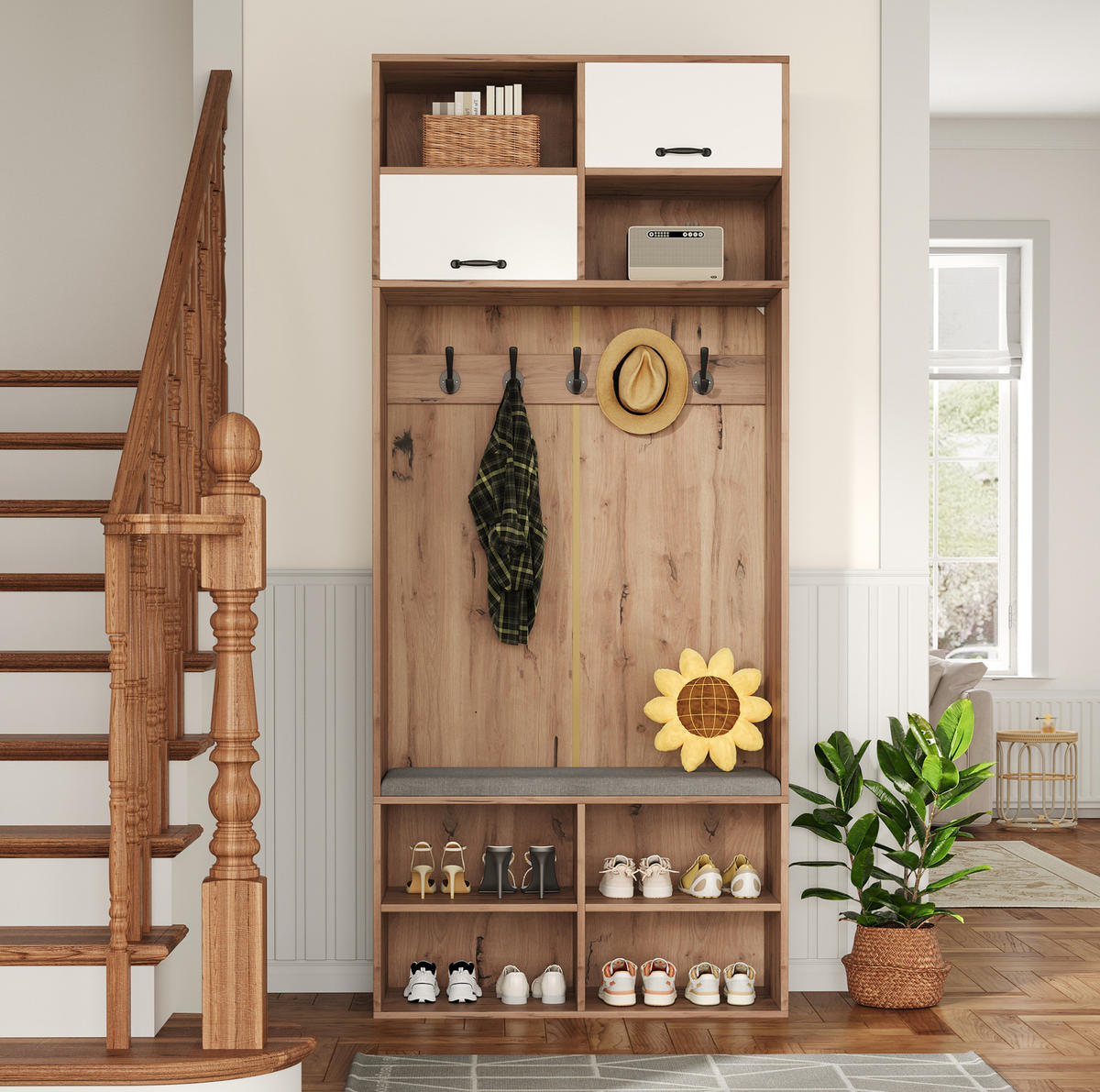FLURGARNITUR mit Schuhbank 80 x 35 x 185 cm Weiß/Natur - Weiß, Holzwerkstoff (35/185/80cm) - Beauniv