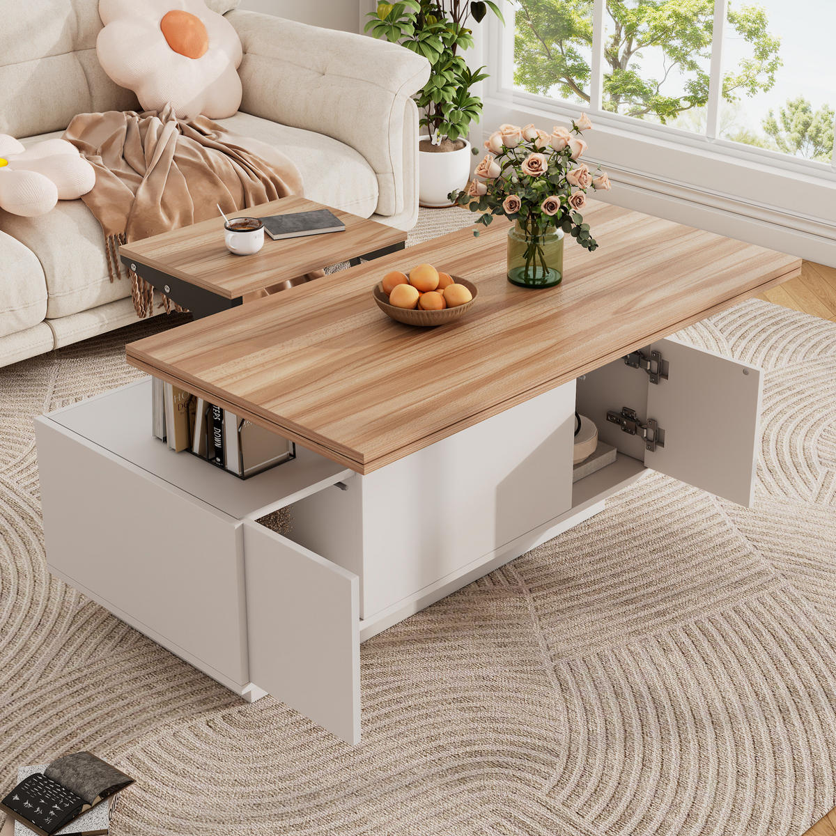 COUCHTISCH aus Spanplatte 100x50x55,5 cm Weiß mit Holzoptik, Doppel-Hebemechanismus und Stauraum - Weiß, Holzwerkstoff (100/50/55.5cm) - IVMEU