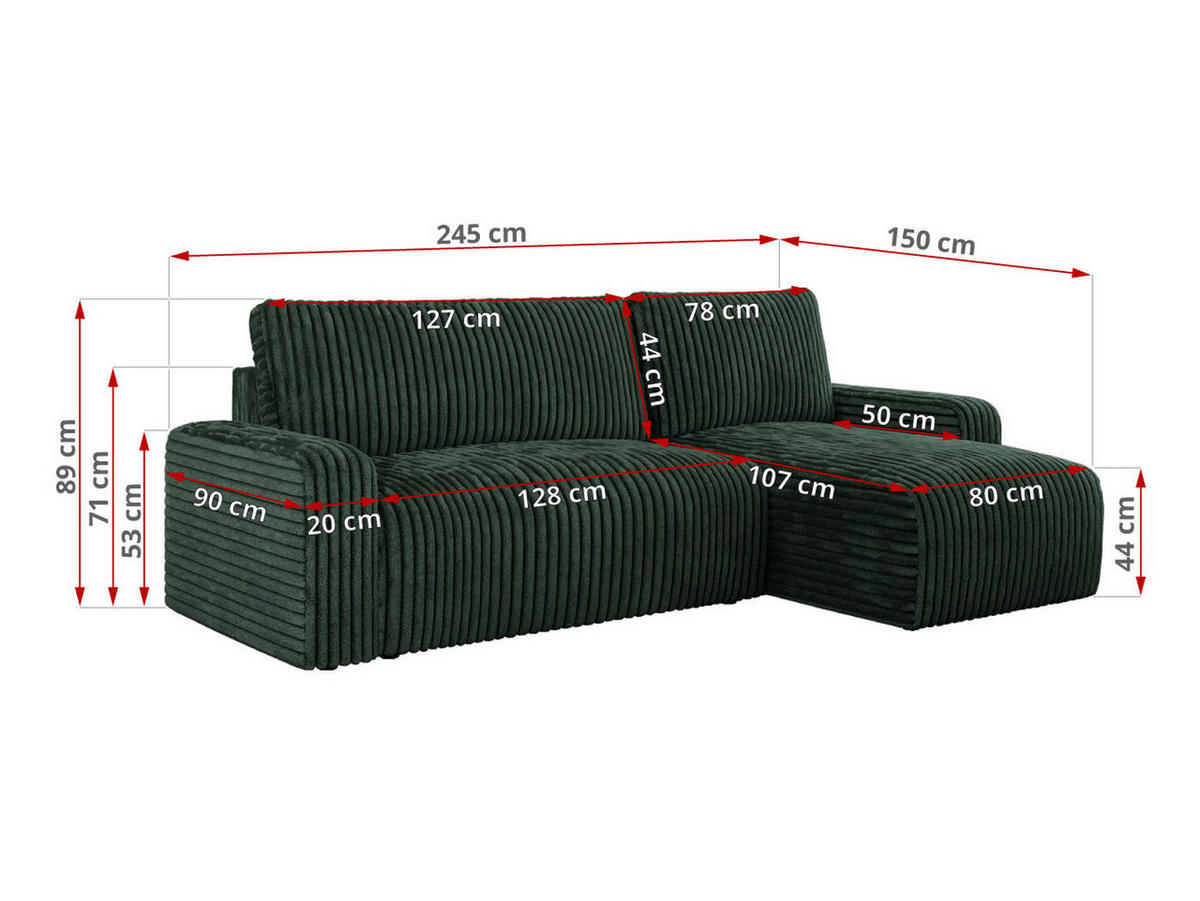 ECKSOFA ARGOS Grün Cord - Schwarz/Grün, Kunststoff/Textil (245/150cm) - MKS