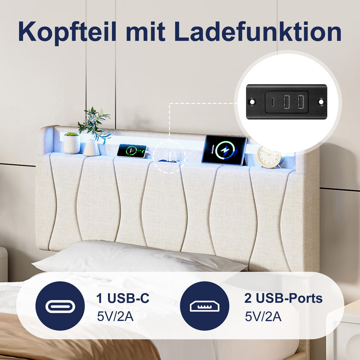 JEDNODUCHÁ POSTEĽ 90x200 cm s LED, USB-C, ľanovým poťahom a lamelovým roštom - béžová, drevo (90/200cm) - SHOPENTRA