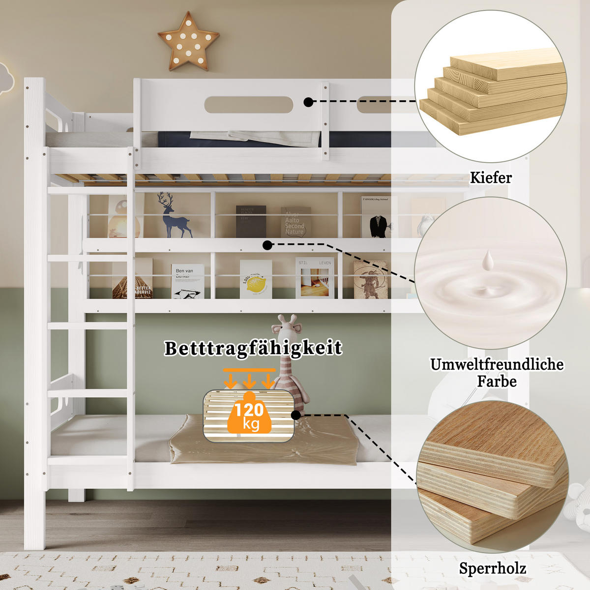 ETAGENBETT 90/200 cm in Weiß & Natur mit Regal und 5-stufiger Leiter - Weiß/Naturfarben, Holz/Holzwerkstoff (90/200cm) - CHICFURN