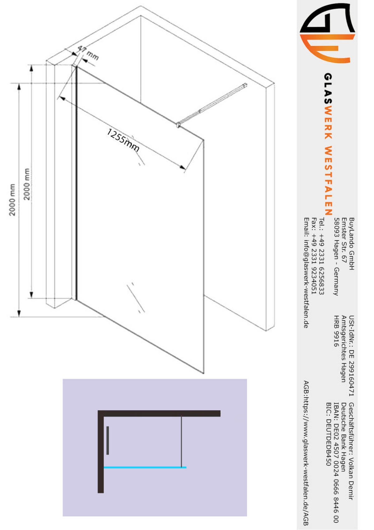 WALK-IN-DUSCHWAND 130 × 200 cm – ESG-Sicherheitsglas – Gold - Goldfarben, Glas (10/130/200cm) -  Glaswerk Westfalen