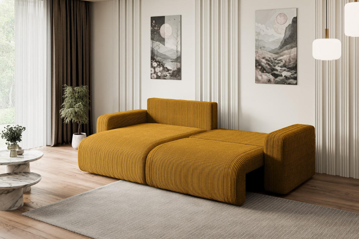 ECKSOFA mit Schlaffunktion und Bettkasten KLEEA-L - 247x143x83 cm Senfgelb Cord - Gelb/Schwarz, Holzwerkstoff/Kunststoff (247/143cm) - ALTDECOR