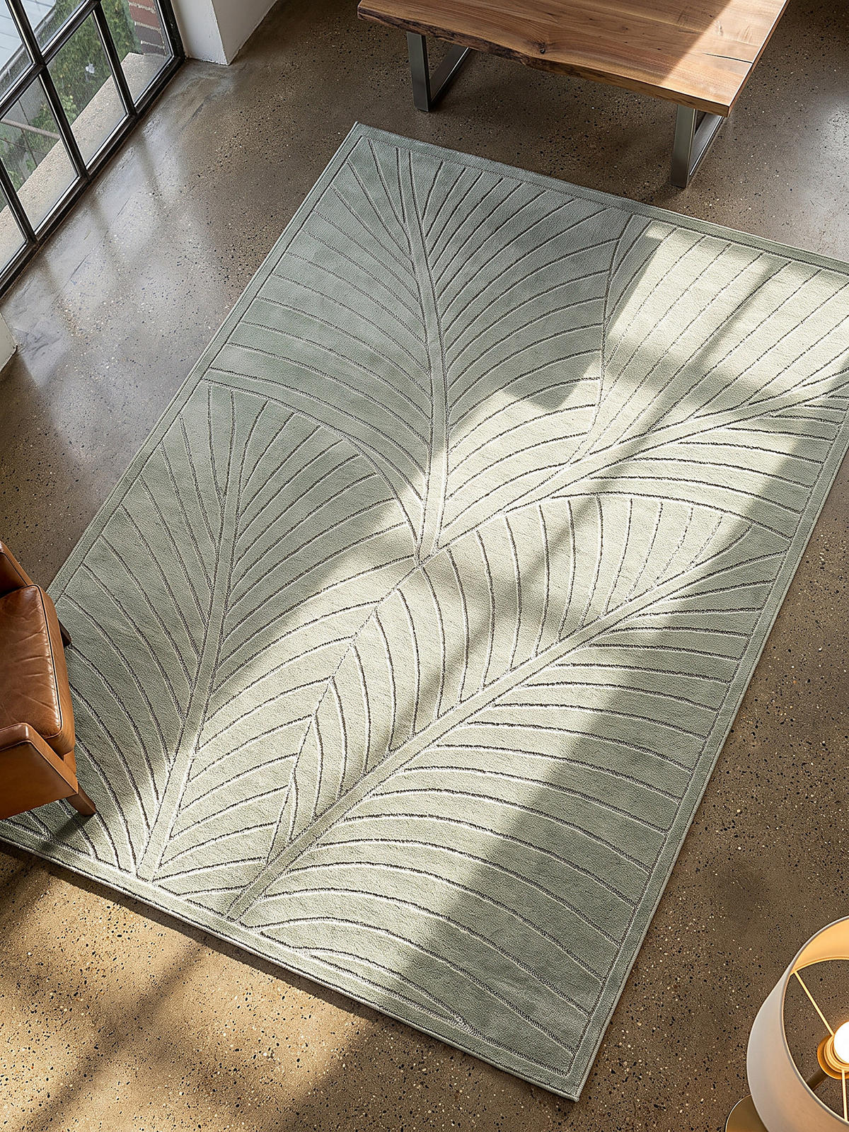 TEPPICH Outdoor, Fußbodenheizung-geeignet, mit Blattmotiv, ENGADIN in Salbeigrün, 280 x 370 cm - Grün, Textil (280/370cm) - KADIMA DESIGN