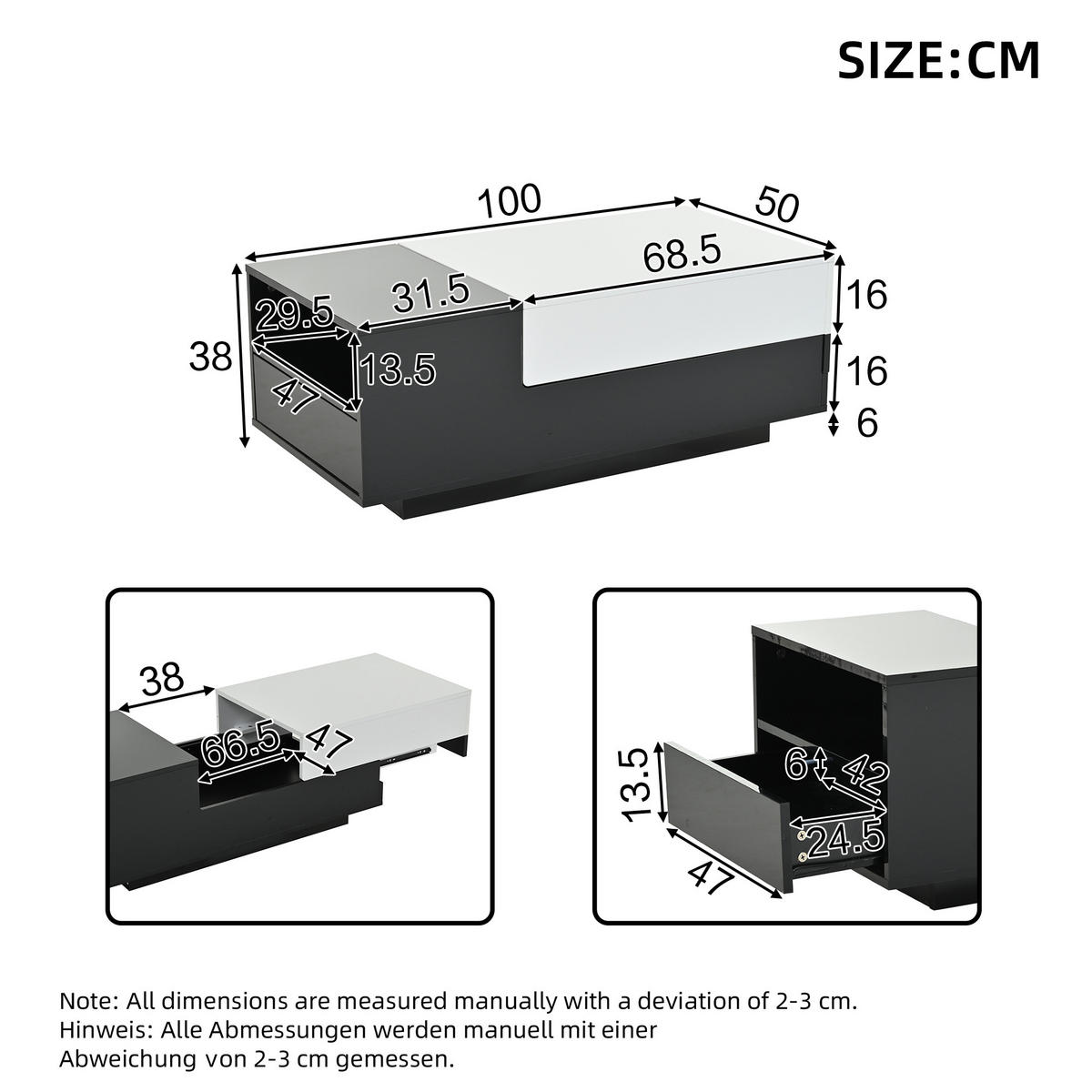 COUCHTISCH 100/50/38 cm schwarz-weiß mit 2 Schubladen und halboffenen Fächern - Weiß, Holzwerkstoff (100/50/38cm) - OKWISH