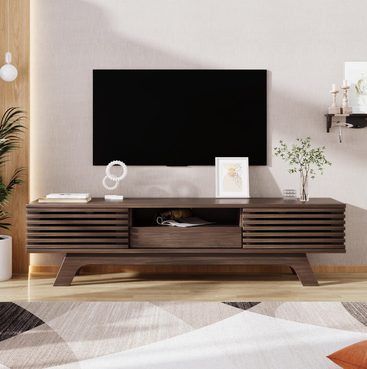 TV stolek 150/35/44 cm s dvěma dvířky, zásuvkou, otevřenými policemi a kabelovými průchodkami, Přírodní - světle hnědá, kompozitní dřevo (150/44/35cm) - Redom