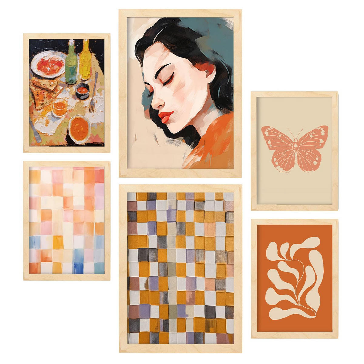 POSTER Set Mit 6 Charmante Frau A3 & A4 Rahmen Aus Hellem Holz - Beige, Papier (29/3cm) - Nacnic