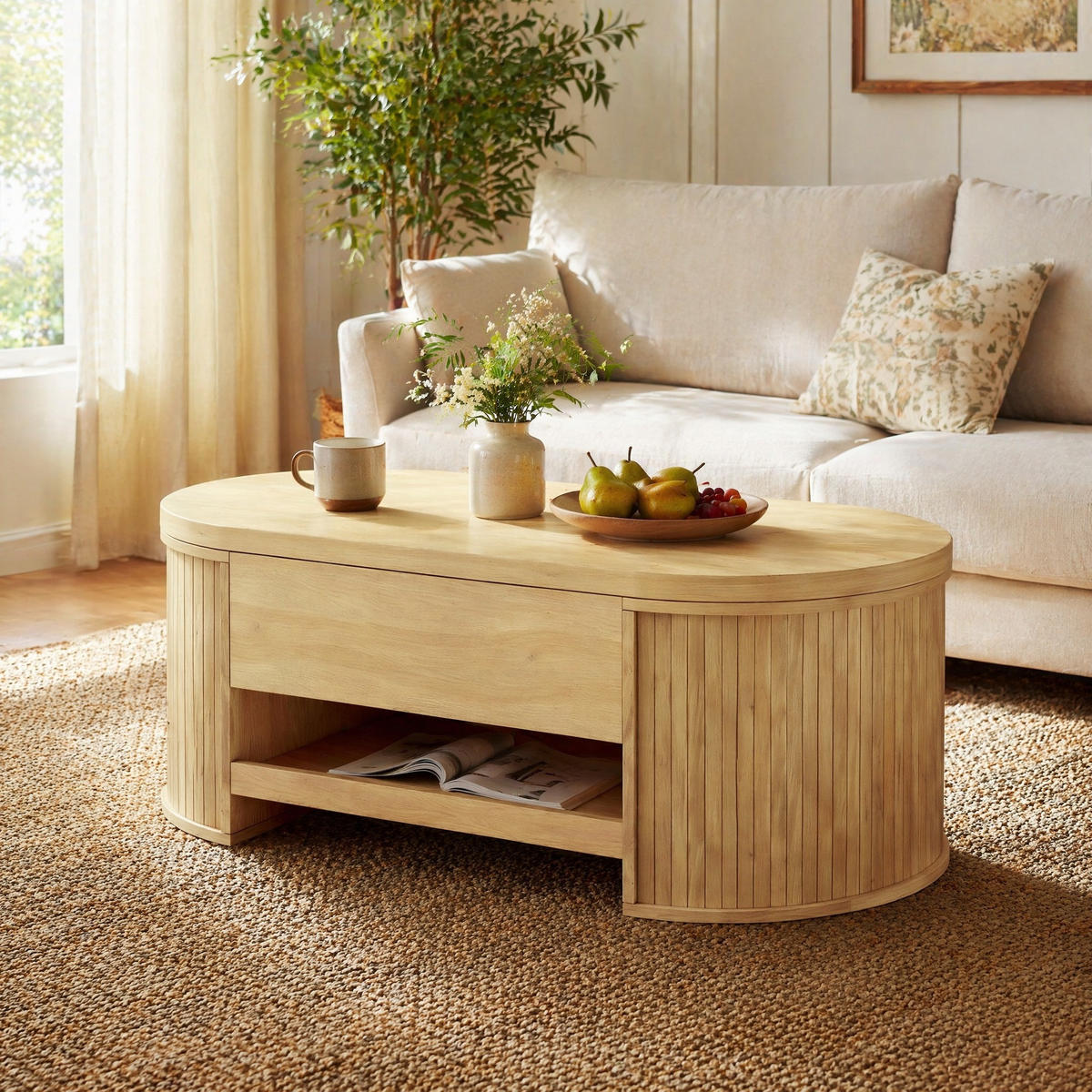 COUCHTISCH in Naturfarben Wohnzimmertisch mit anhebbarer Tischplatte und ausziehbarem Regal, B110/T55.5/H40cm - Naturfarben, Holzwerkstoff/Metall (55.5/110/55cm) - STILVORA