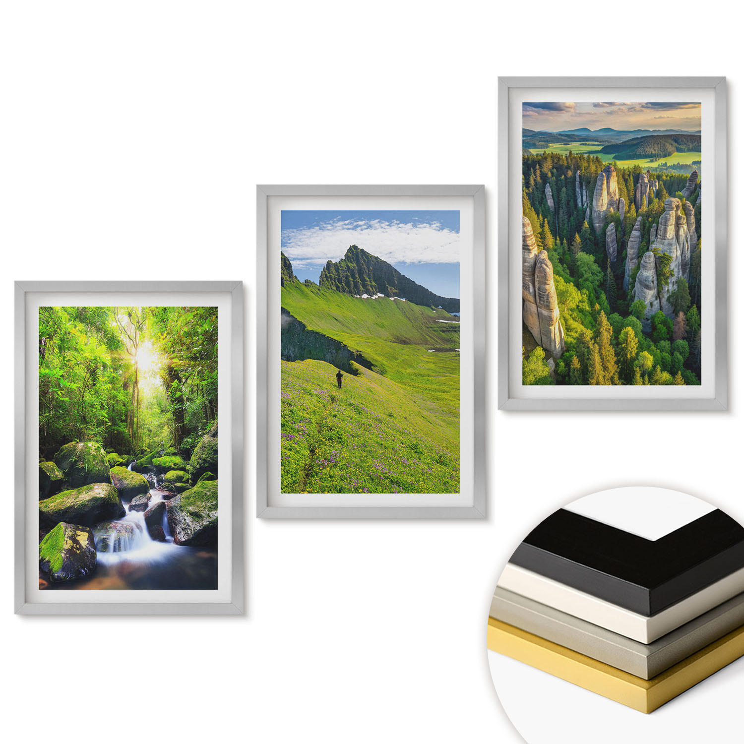 WANDBILDER 3er Set - 40x60 cm Silberner Rahmen - Grüne Berge Wasserfallwald - Silberfarben, Kunststoff (40/60cm) - ArtPrintCave