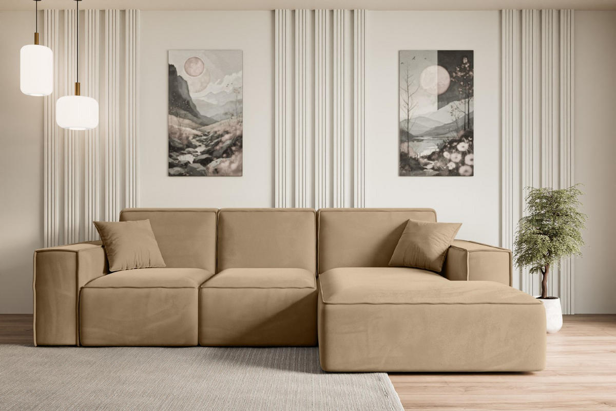 ECKSOFA Ottomane Rechts SERRA-L - 266x165x73 cm Beige Velours - Beige/Schwarz, Holzwerkstoff/Kunststoff (266/165cm) - ALTDECOR
